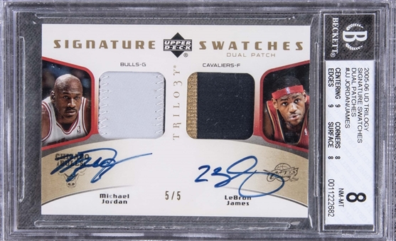 2005/06 UD Trilogy "Signature Swatches Dual Patch" #DSSP-JJ Michael Jordan/LeBron James Dual-Signed Game Used Jersey Card (#5/5) – BGS NM-MT 8/BGS 9